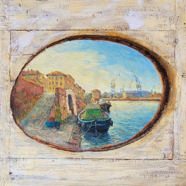 Scali della darsena - Livorno, Öl auf Holztafel von Giancarlo Carmignani, 54x64 cm